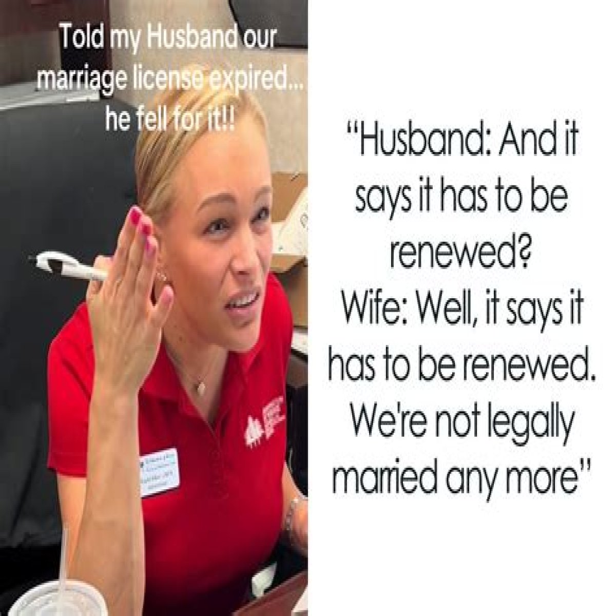 Wife Pranks Husband Saying Marriage License Expired